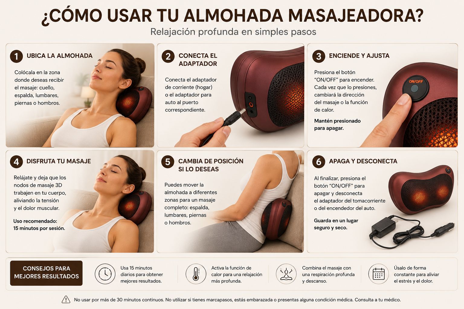 Almohada Masajeadora Cervical con Termoterapia y Rotación Bidireccional