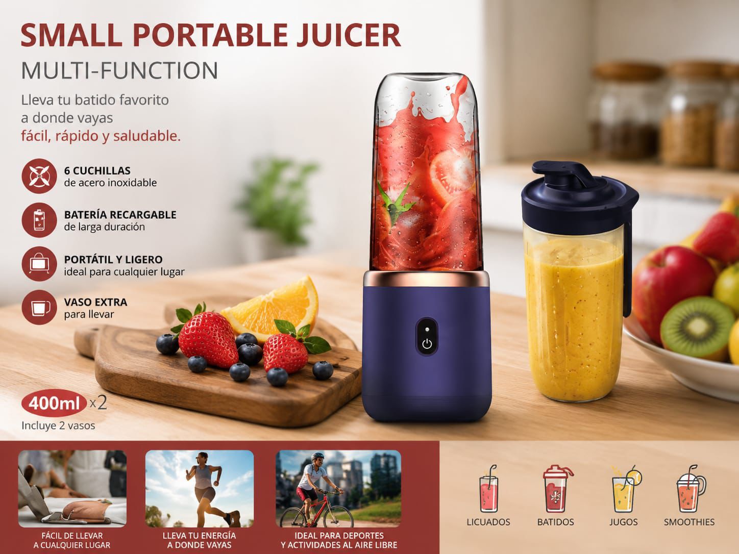 Licuadora Portátil Recargable 400ml con 2 Vasos