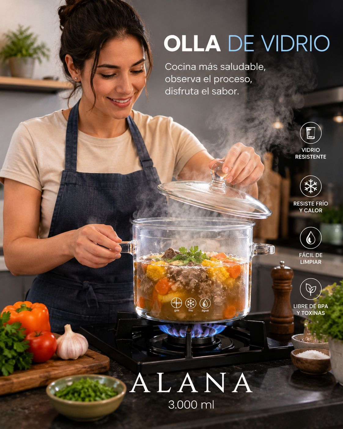 Olla de Vidrio Refractario Alana 3 Litros para Cocina Saludable