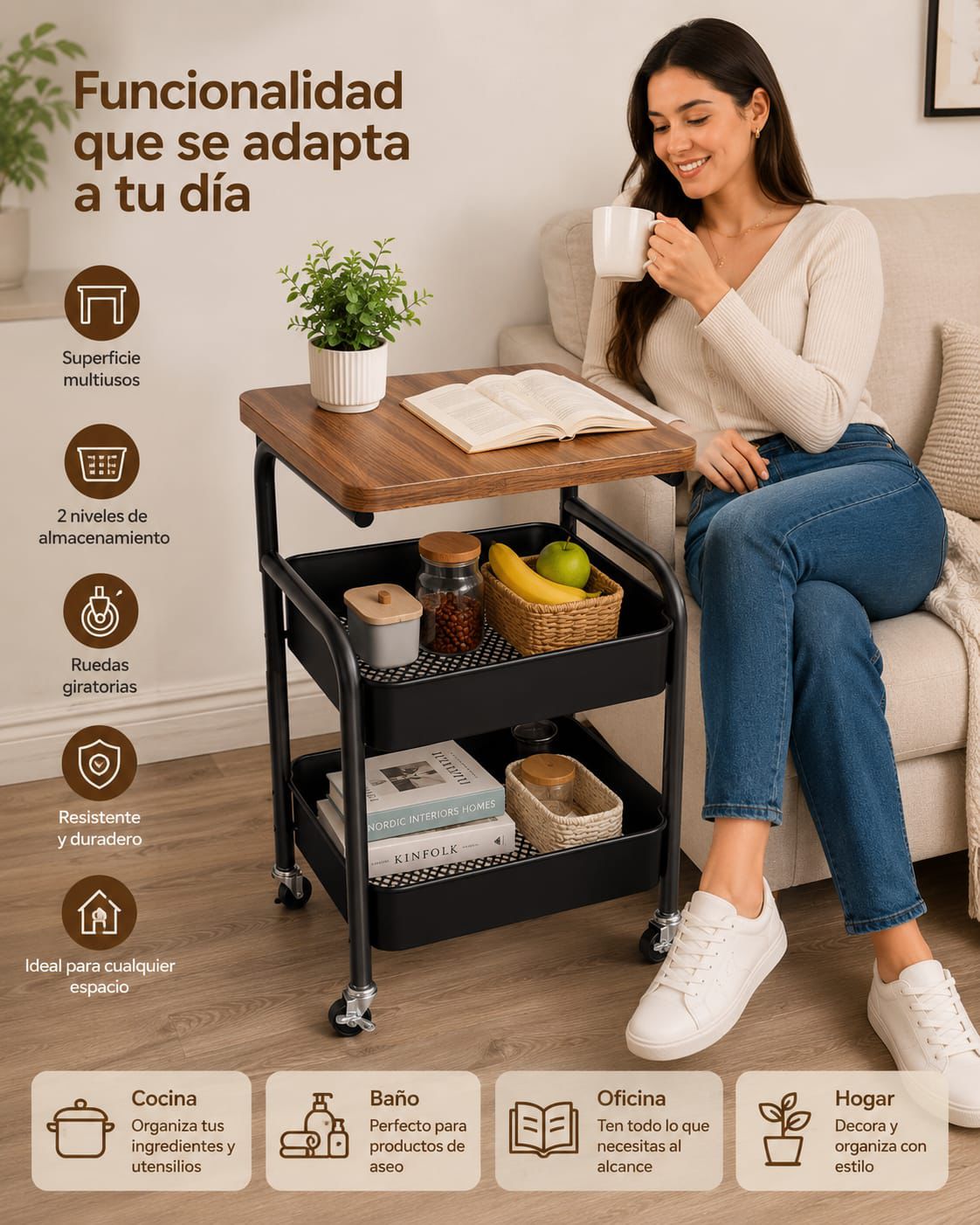 Organizador Multifuncional con Ruedas y Superficie Tipo Madera de 2 Niveles
