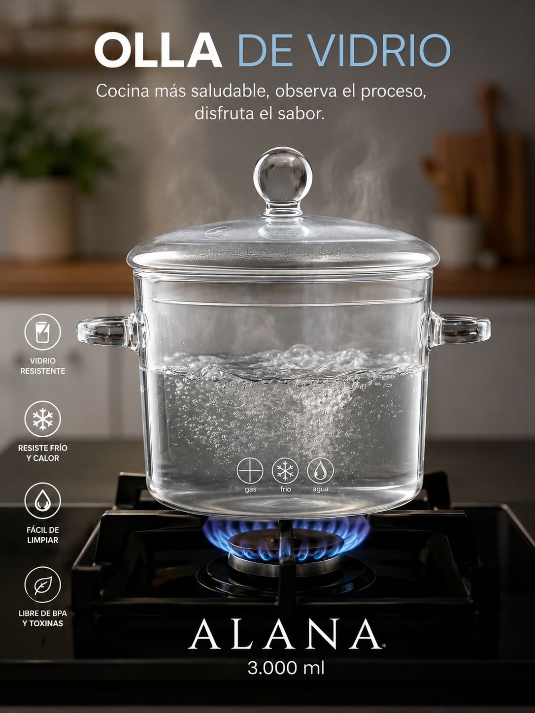 Olla de Vidrio Refractario Alana 3 Litros para Cocina Saludable - Imagen 2