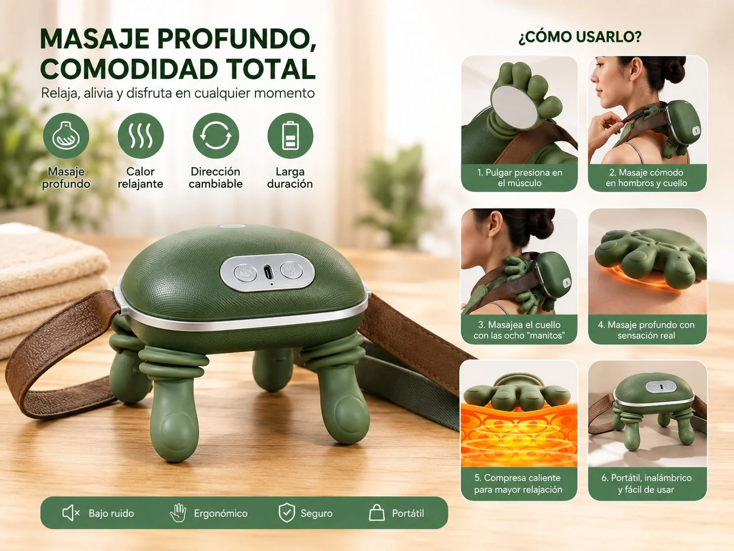 Masajeador Inteligente de Cuello y Espalda con Calor, Rotación Bidireccional y Carga USB