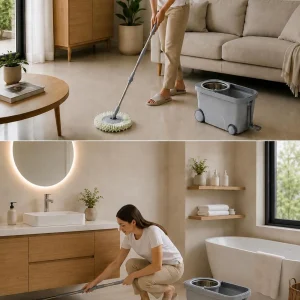 Trapera con Balde 360° y Mopa Giratoria de Microfibra | Sistema de Limpieza con Escurridor