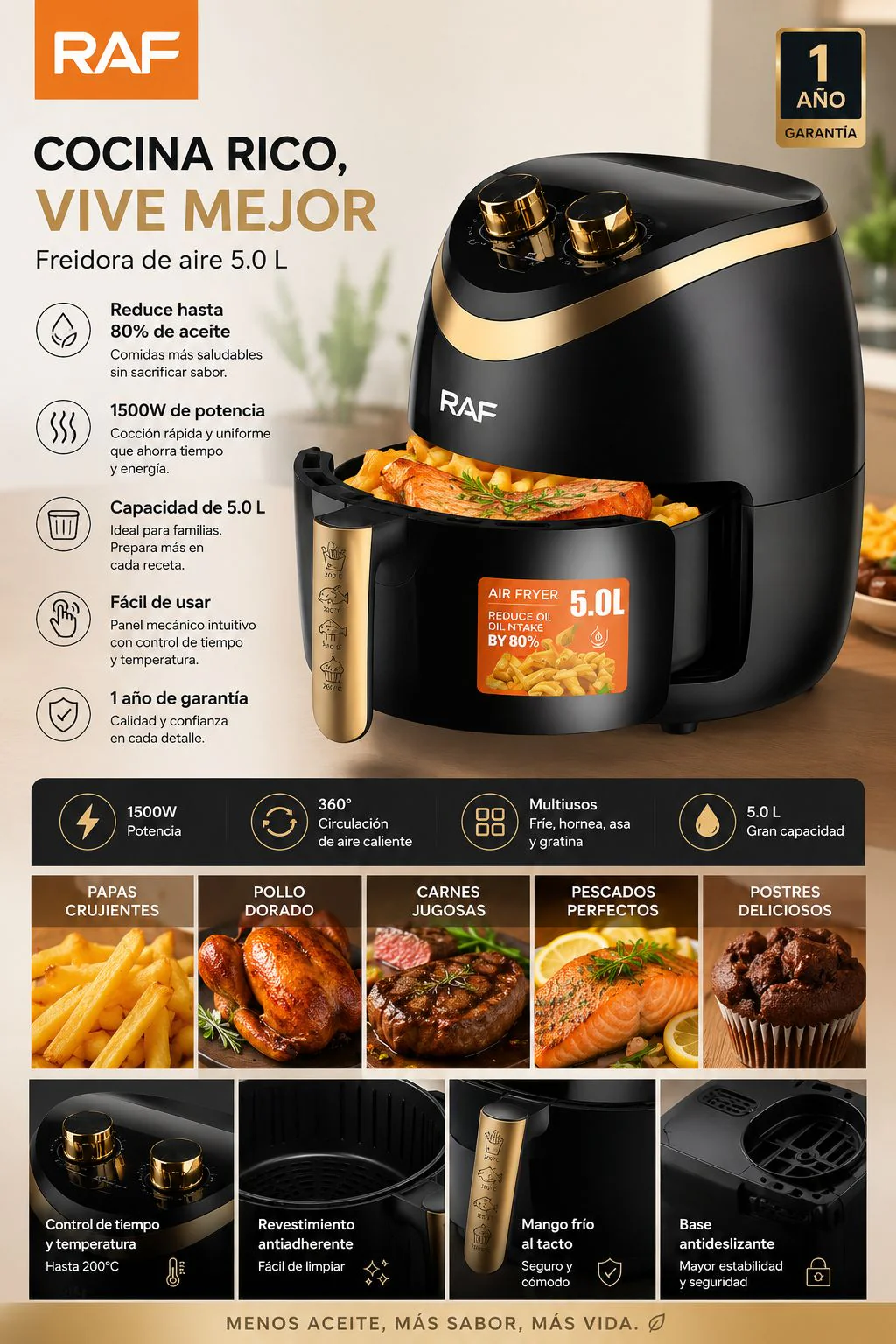 Freidora de Aire 5 Litros 1500W con Circulación de Aire 360° Multifuncional - Imagen 3