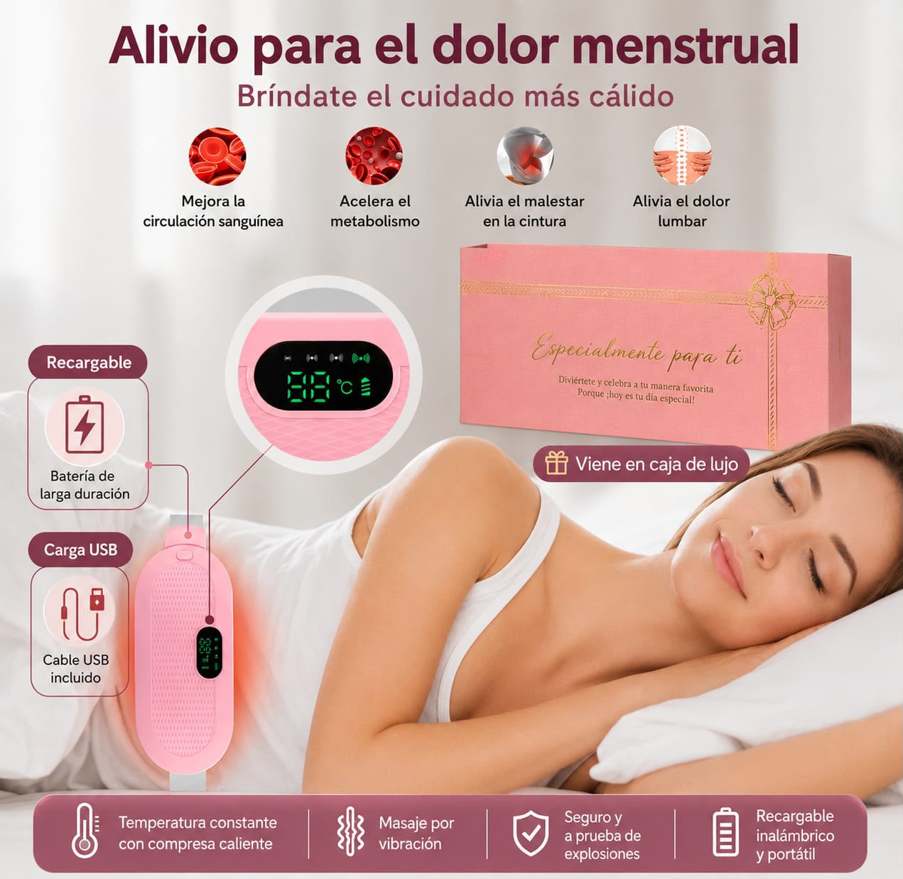 Cinturón Anticólicos Recargable USB con Calor y Masaje Vibratorio – Soporte para Zona Lumbar y Abdominal (Caja Rosada)