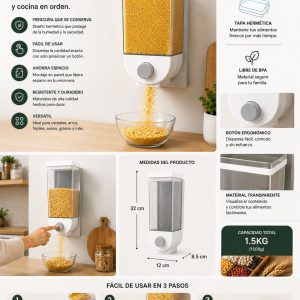 Dispensador de Granos Premium de 1.5 kg – Organizador de Pared con Dosificador para Alimentos Secos