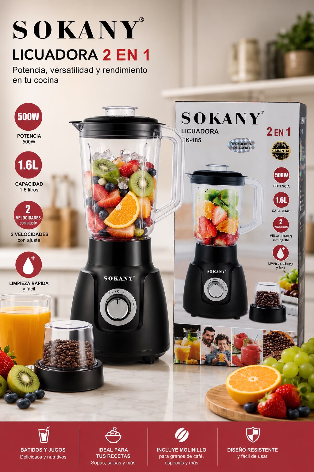 Set de Licuadora 500W con Molinillo Incluido – Jarra de 1.6 Litros y 2 Velocidades