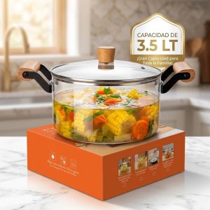 Olla de Vidrio Borosilicato Refractario de 3.5 Litros con Tapa – Resistente al Fuego Directo