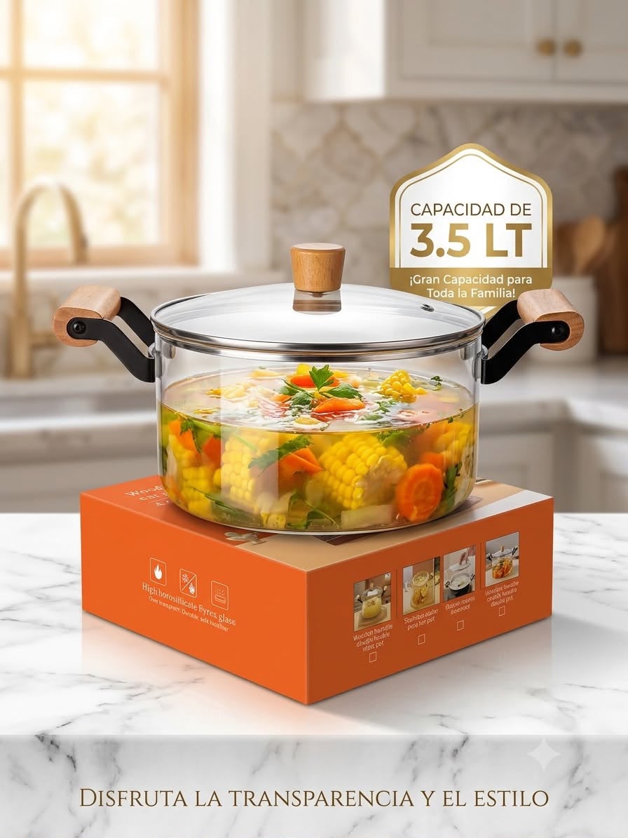 Olla de Vidrio Borosilicato Refractario de 3.5 Litros con Tapa – Resistente al Fuego Directo