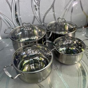 Set de Ollas de Acero Inoxidable de 8 Piezas con Tapas de Vidrio – Compatible con Cocinas de Inducción, Gas y Eléctricas