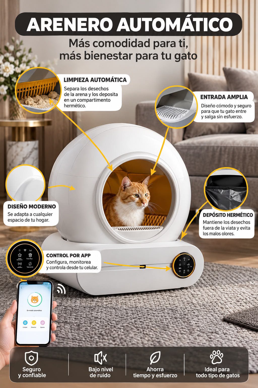 Arenero Automático Inteligente para Gatos con App y Compartimento Hermético Anti-Olores