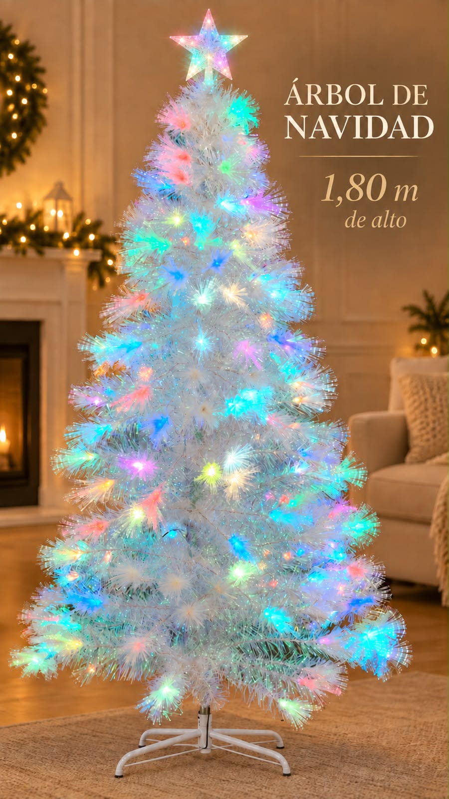 Árbol de Navidad Fibra Óptica Premium Blanco 1,70 m con Luces Multicolor y Estrella