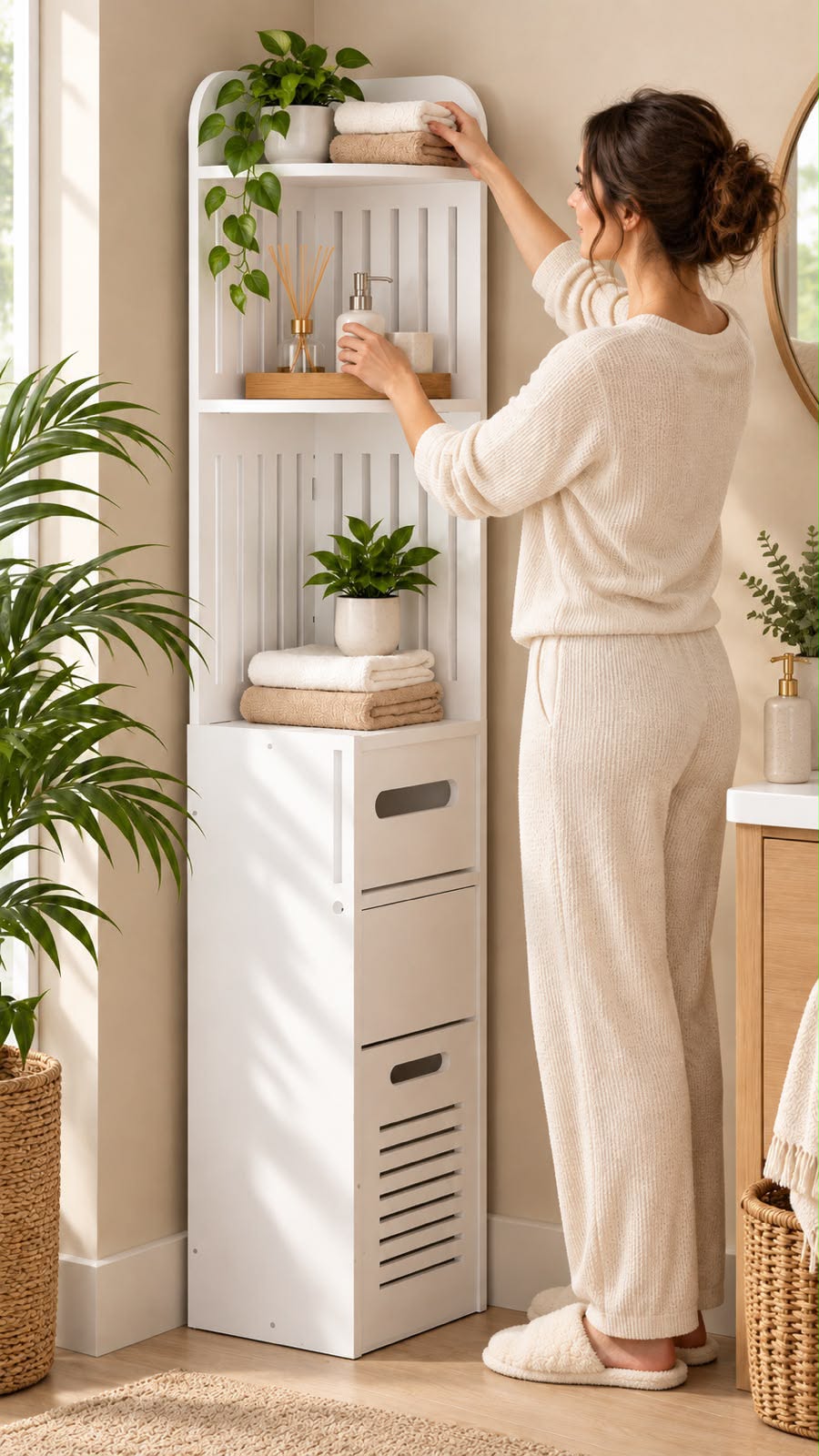 Esquinero de Baño Blanco de Madera con Dos Repisas y Compartimento Inferior 120 cm