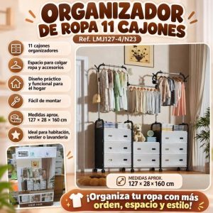 Organizador de Ropa 11 Cajones con Perchero y Estructura Metálica 127 x 28 x 160 cm