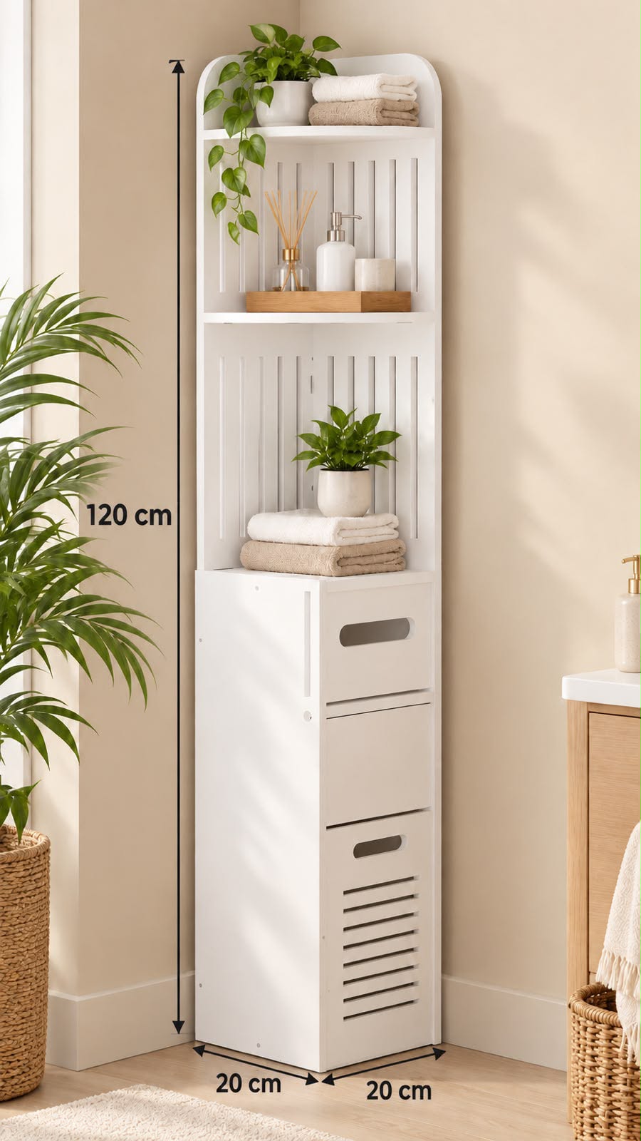 Esquinero de Baño Blanco de Madera con Dos Repisas y Compartimento Inferior 120 cm - Imagen 2